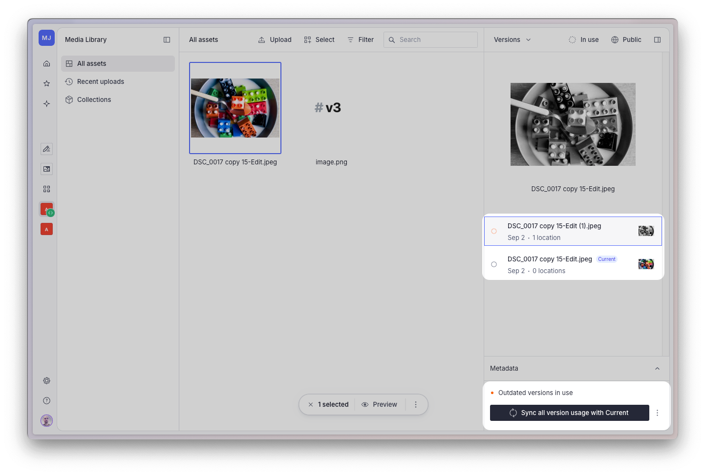 Shows Sanity Media Library with the versions inspector open, and options for selective sync highlighted