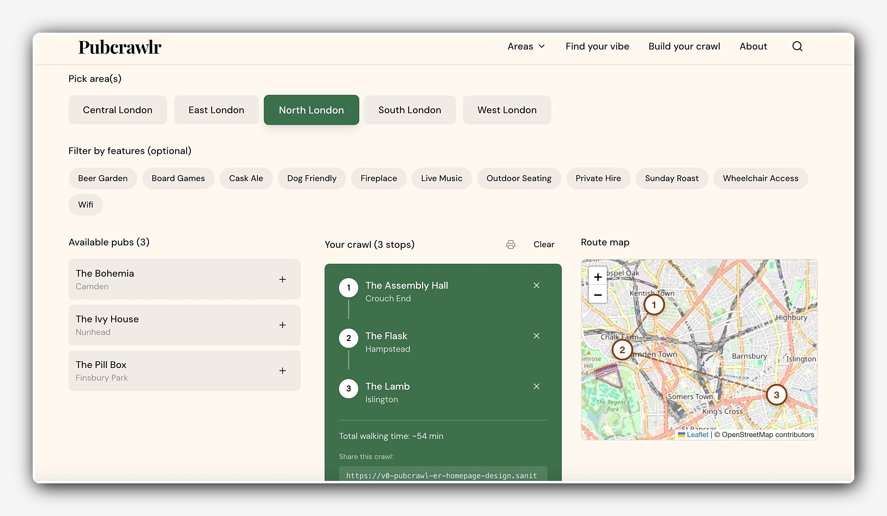 Pubcrawl.r website interface showing selected North London pubs for a crawl and their route on a map.