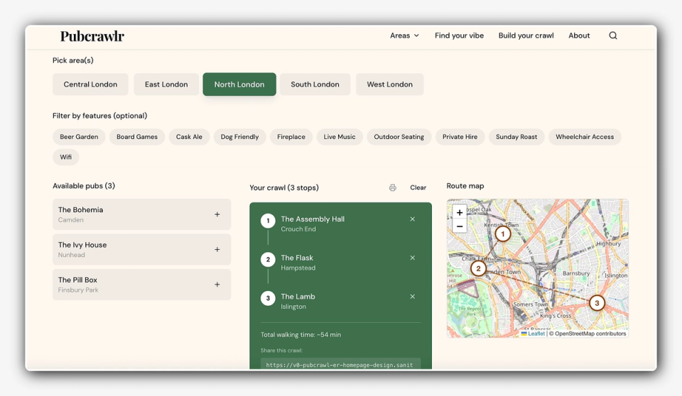 Pubcrawl.r website interface showing selected North London pubs for a crawl and their route on a map. Pubcrawl.r website interface showing selected North London pubs for a crawl and their route on a map.