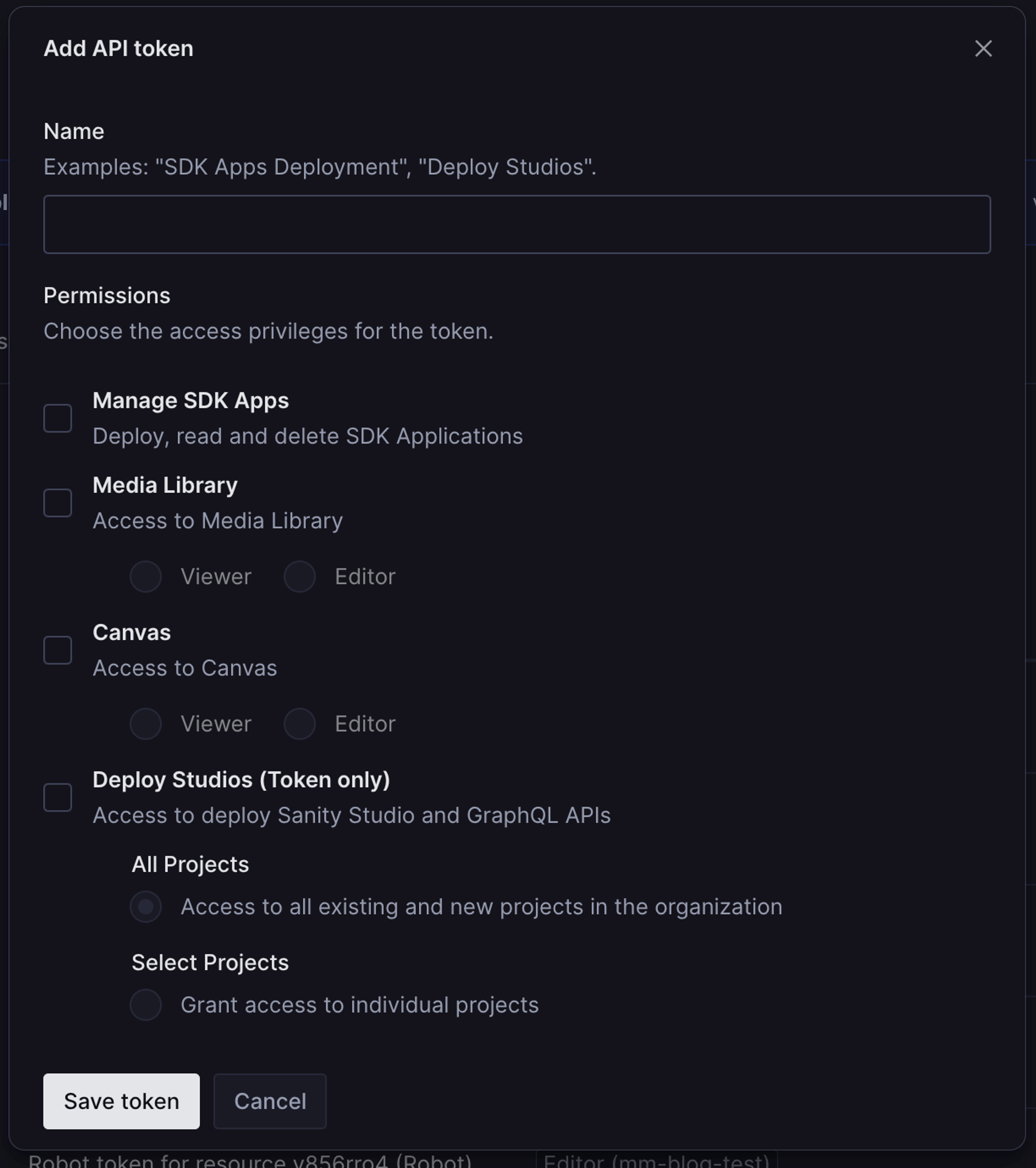 The add API token interface