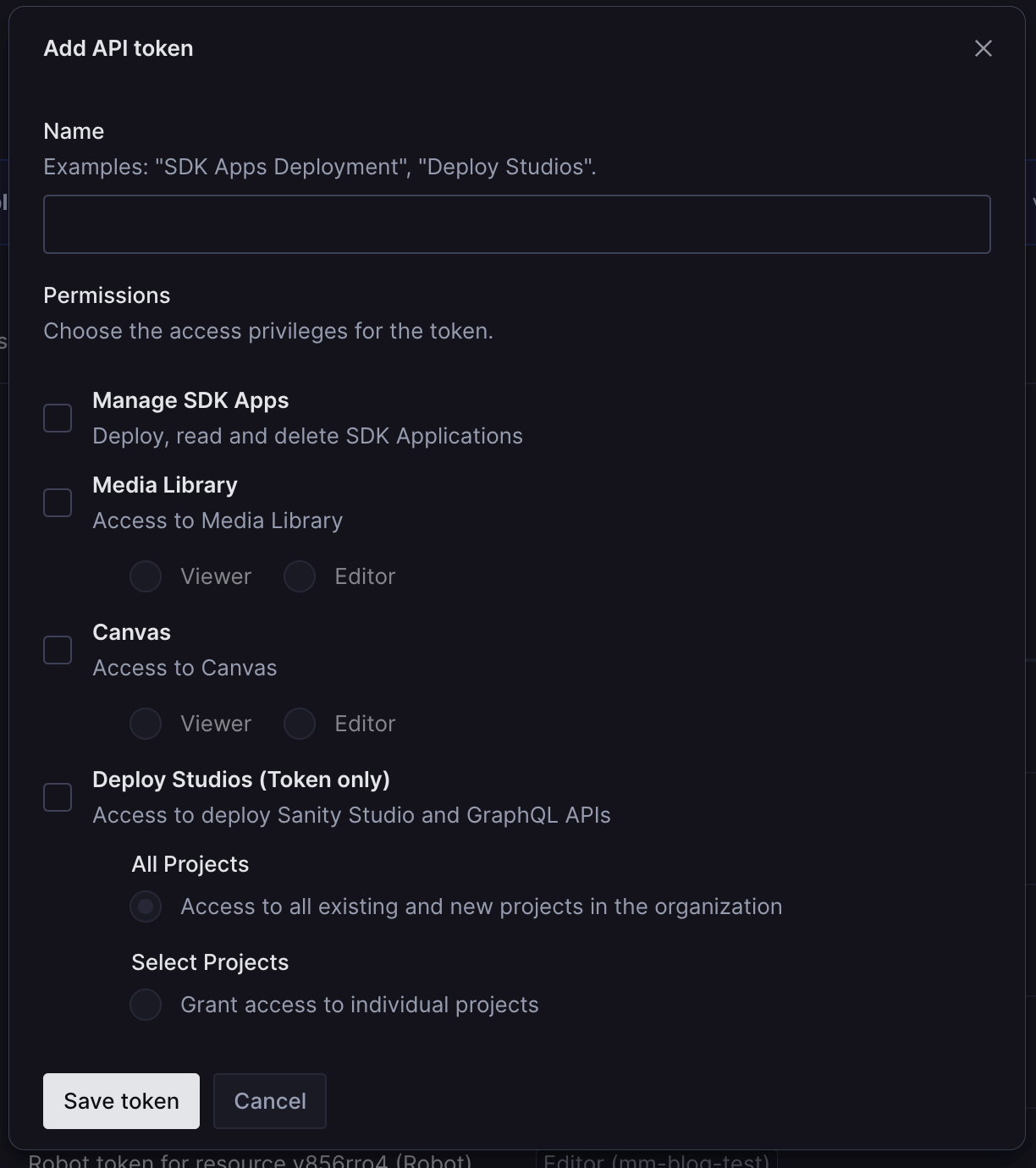 The add API token interface