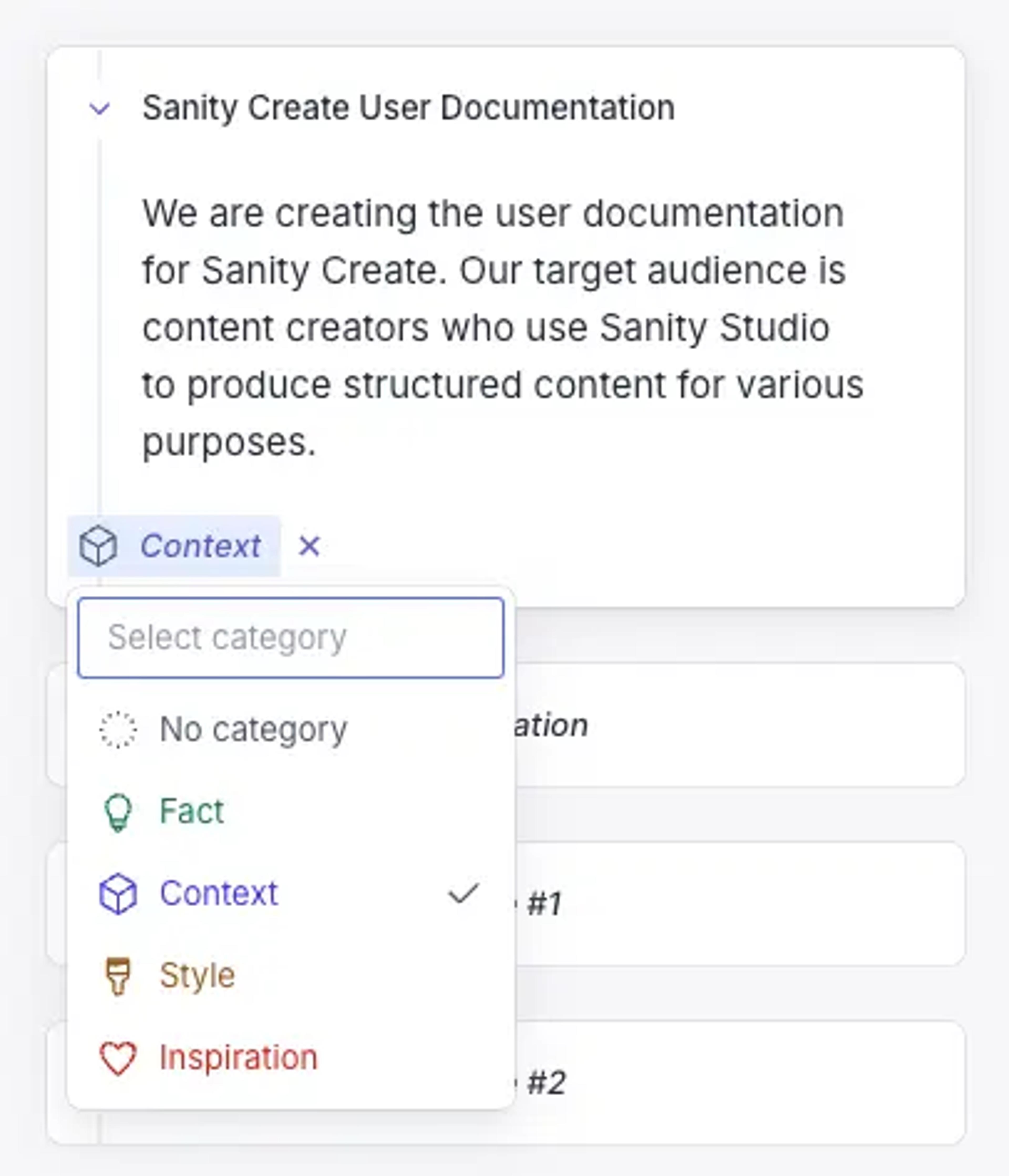 Screenshot of note categories available in Sanity Create.