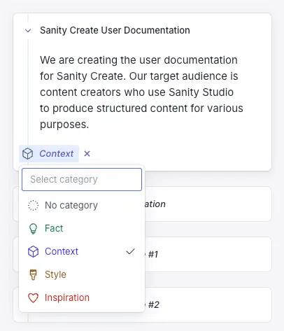Screenshot of note categories available in Sanity Create.