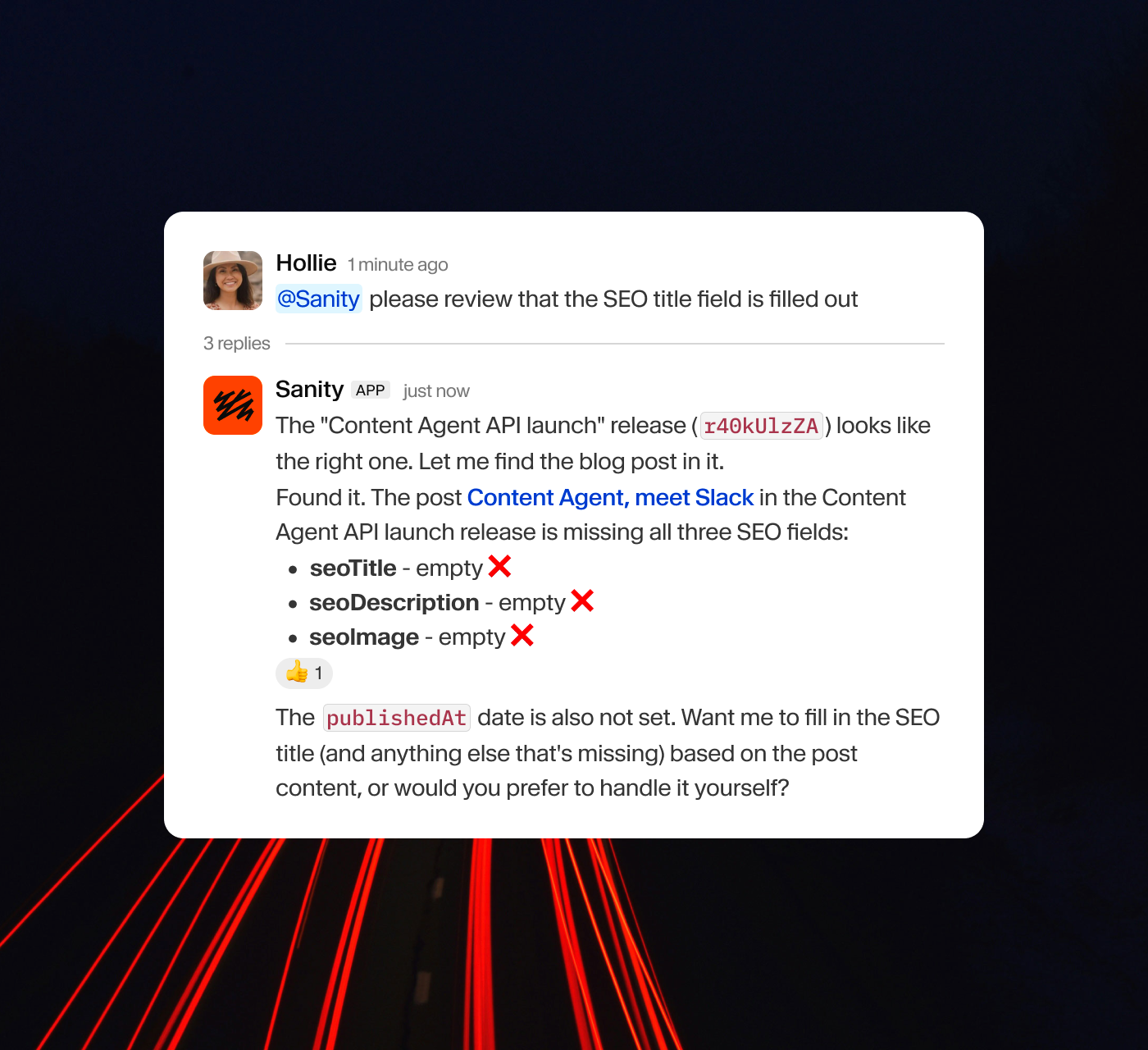 Slack message from Sanity app indicating missing SEO title, description, and image fields for a content release and offering to fill them.