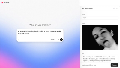 A screen showing an AI generating a festival site description using Sanity, next to a Sanity Studio profile for artist VEXA with a high-contrast black and white portrait.