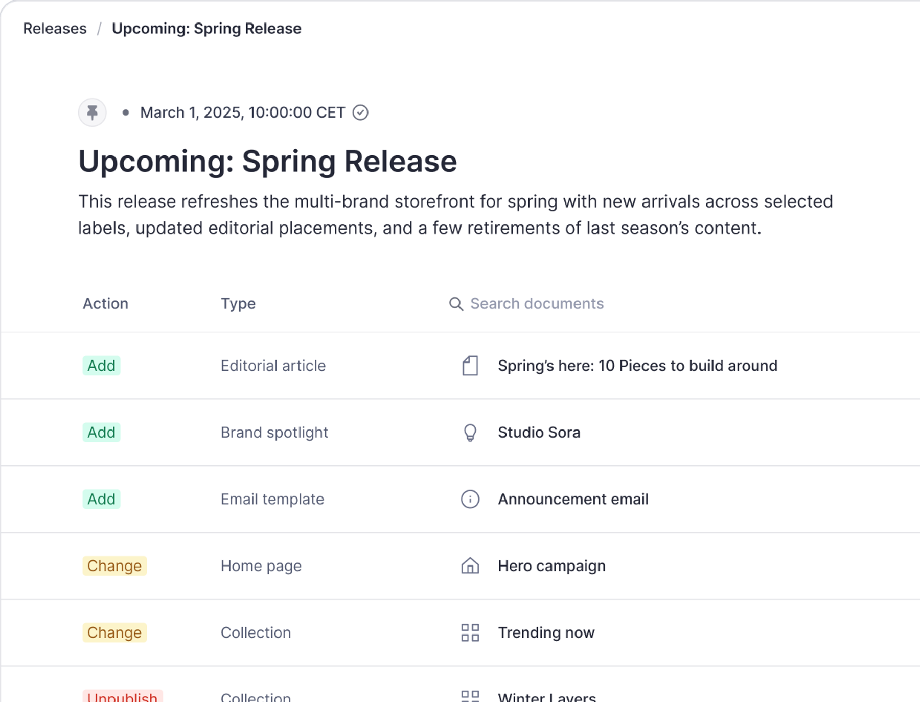 A release management screen for 'Upcoming: Spring Release' on March 1, 2025, showing content actions.