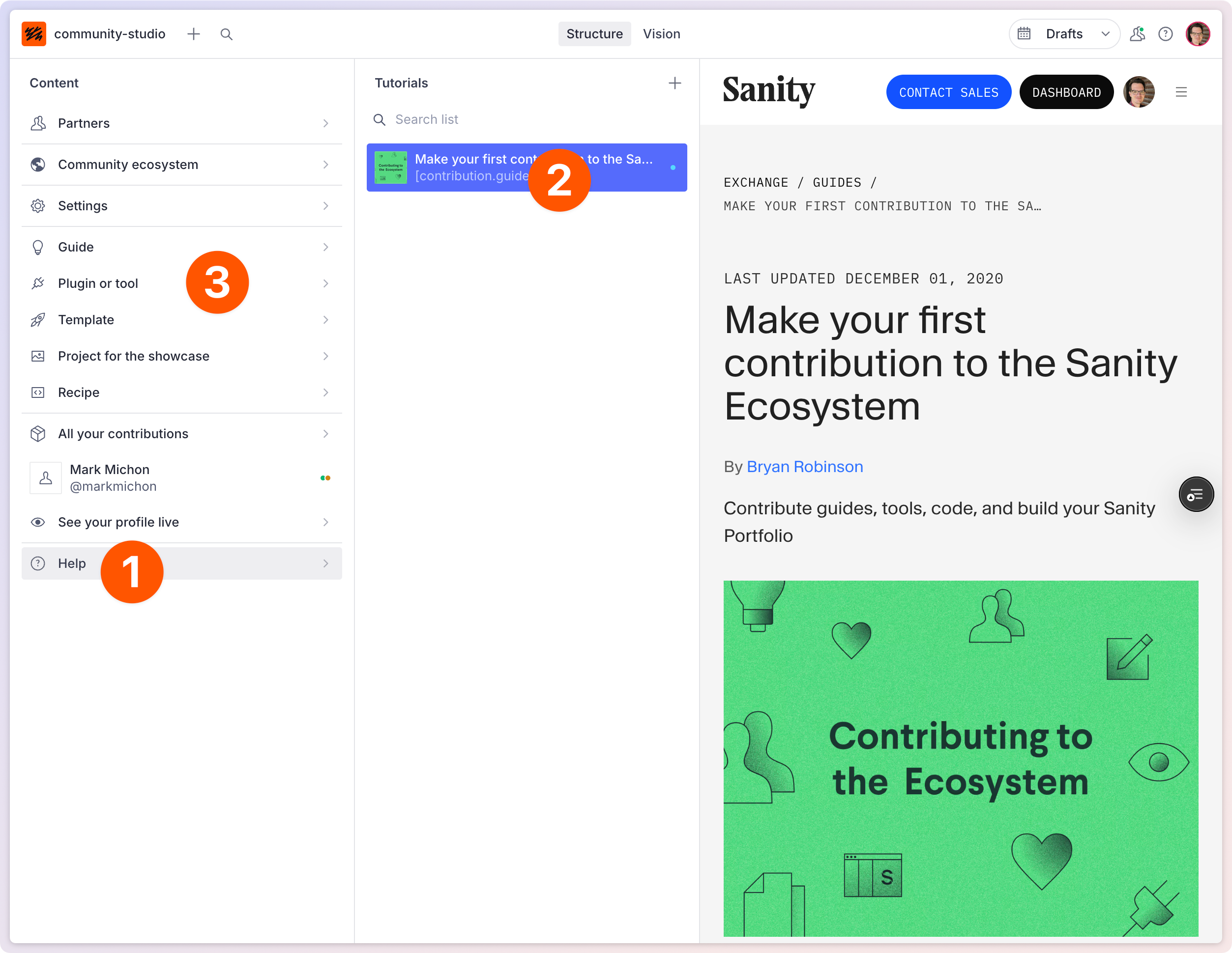 Screenshot of the Sanity community studio showing where to start a plugin contribution.
