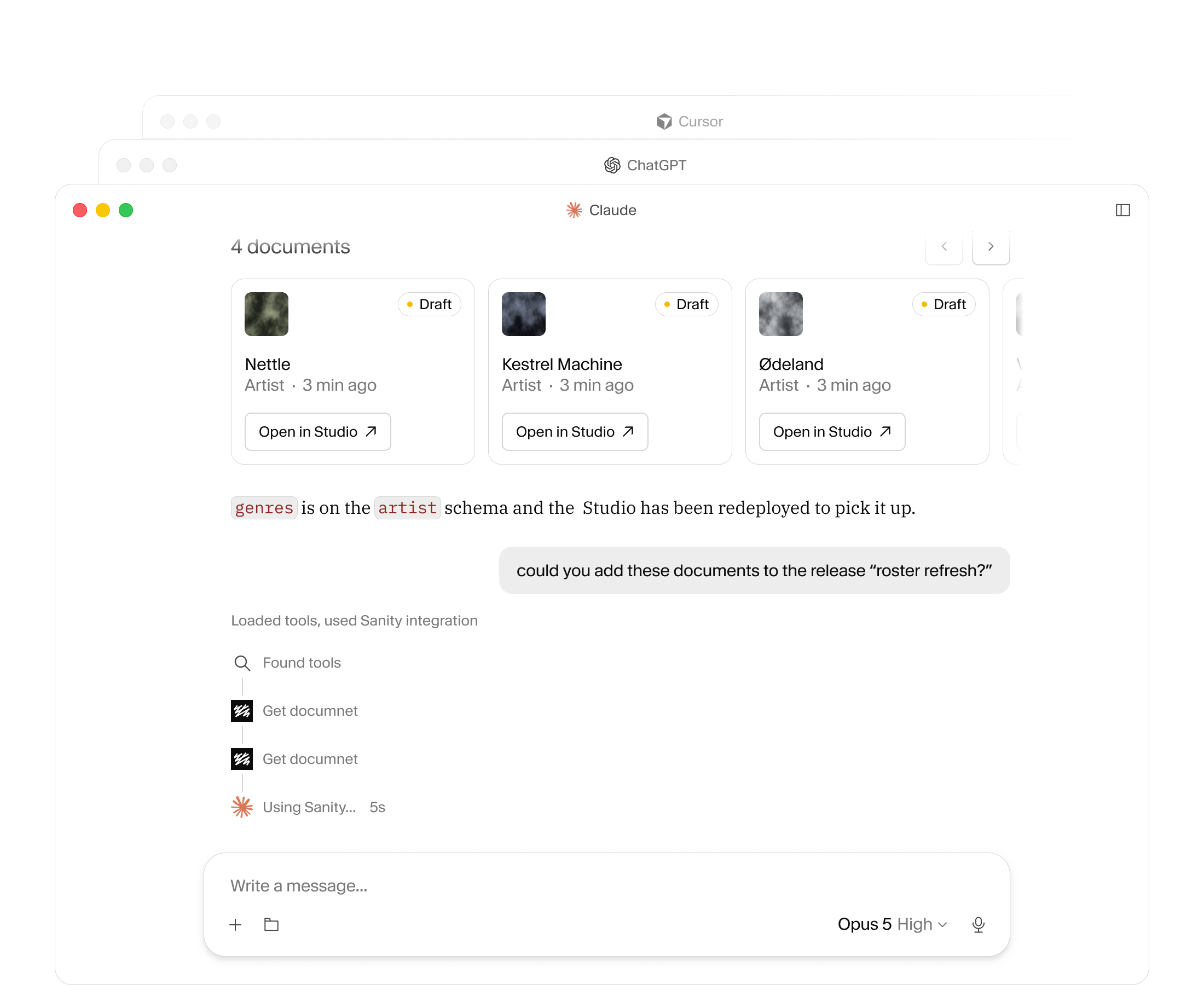 AI assistant (Claude) managing artist documents in a Sanity Studio interface, prompted to add them to a release.