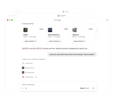 AI assistant (Claude) managing artist documents in a Sanity Studio interface, prompted to add them to a release.