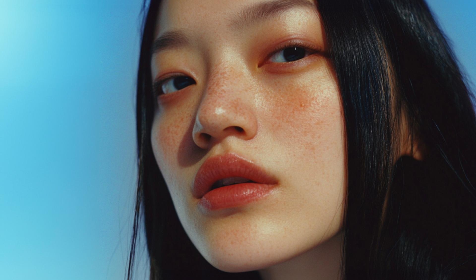 Close-up of an East Asian woman with freckles and reddish lips, looking directly at the viewer against a bright blue background.