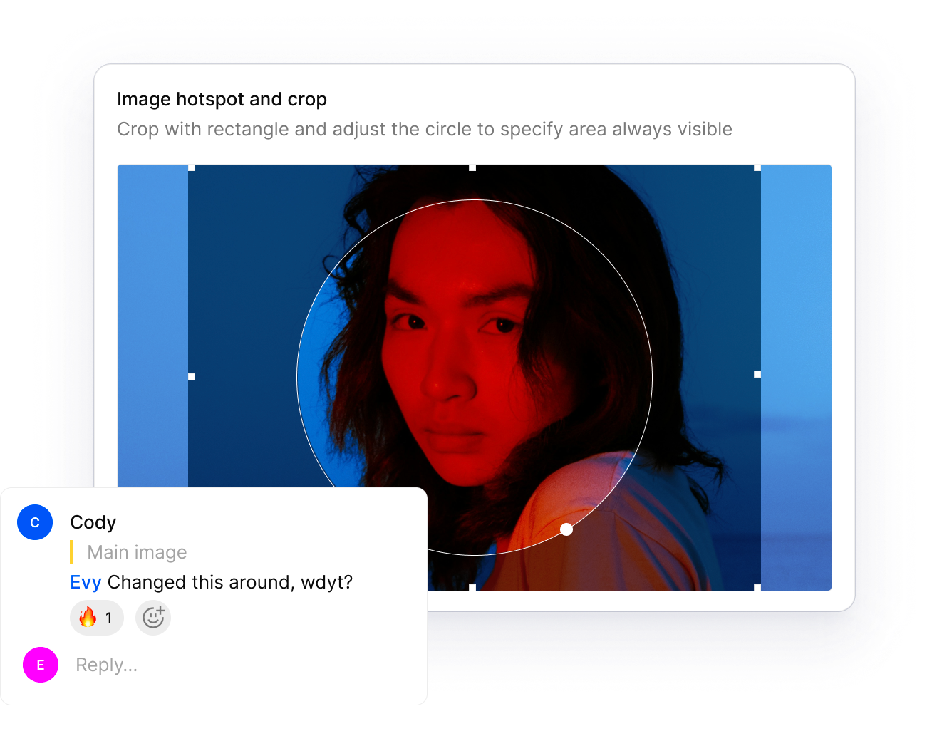 Image cropping interface with a person's red and blue-lit face, and a comment asking for feedback.