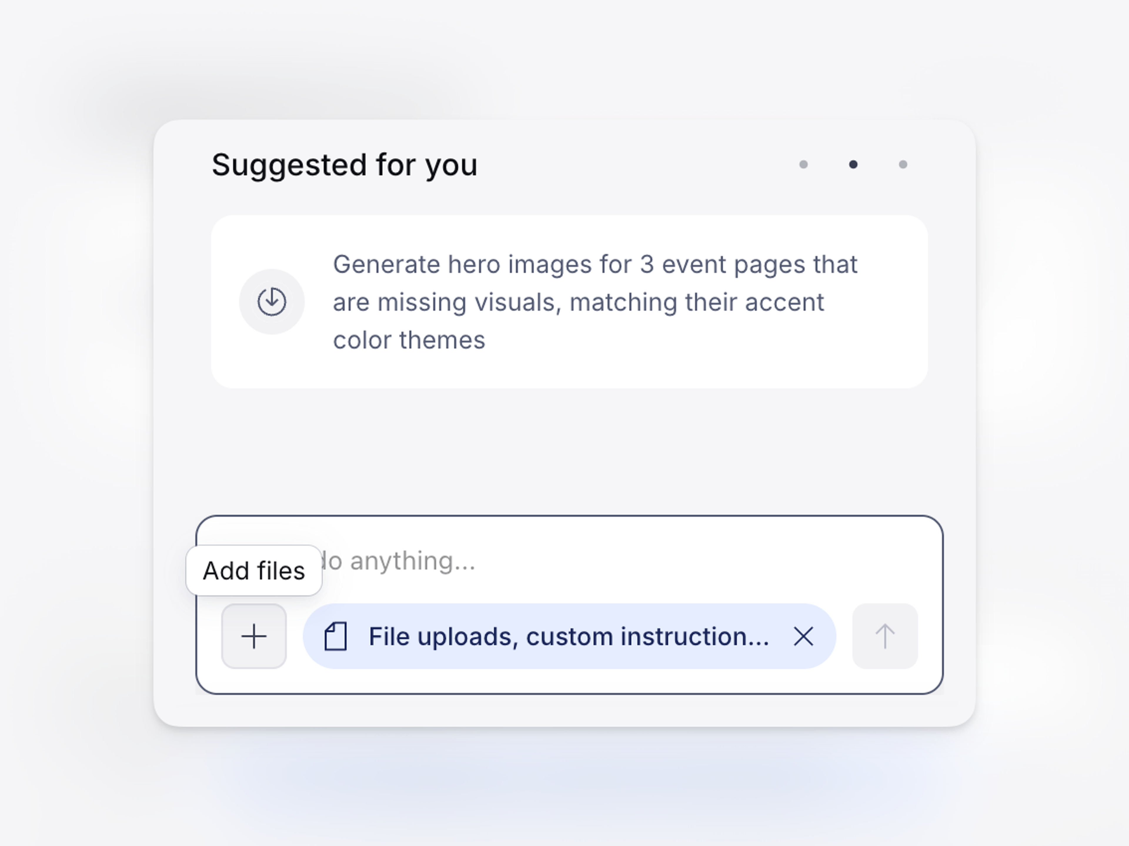 A white UI card titled "Suggested for you" with a prompt to generate hero images, and an input field with file upload options.