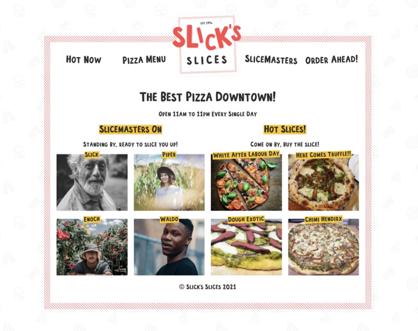 Home page of Slick's Slices website