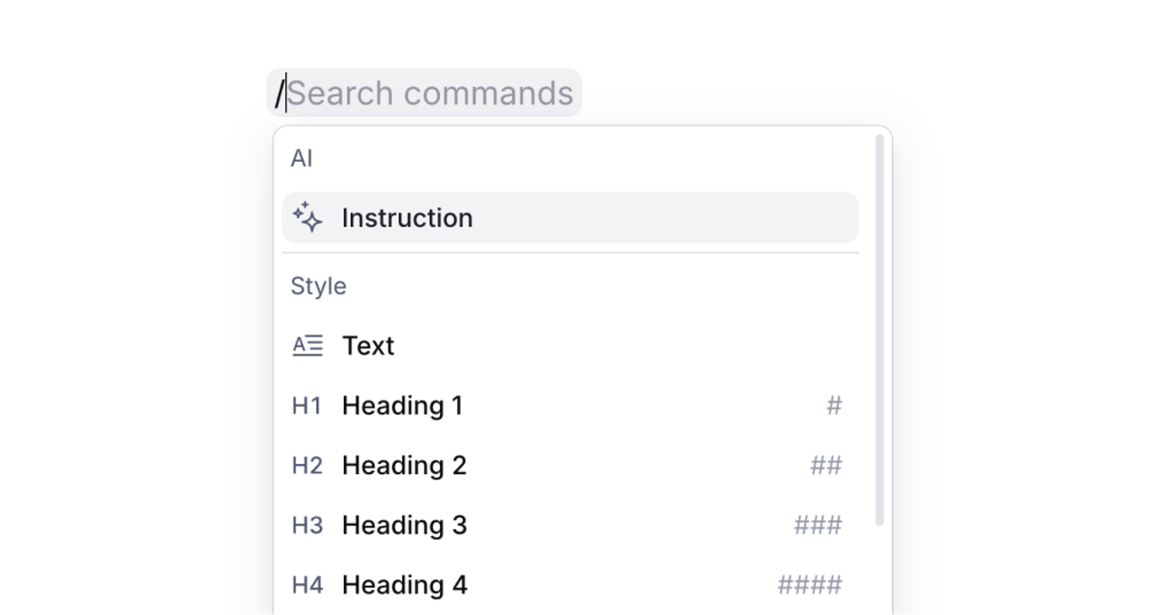 A command palette menu showing 'Instruction' highlighted under the AI section.