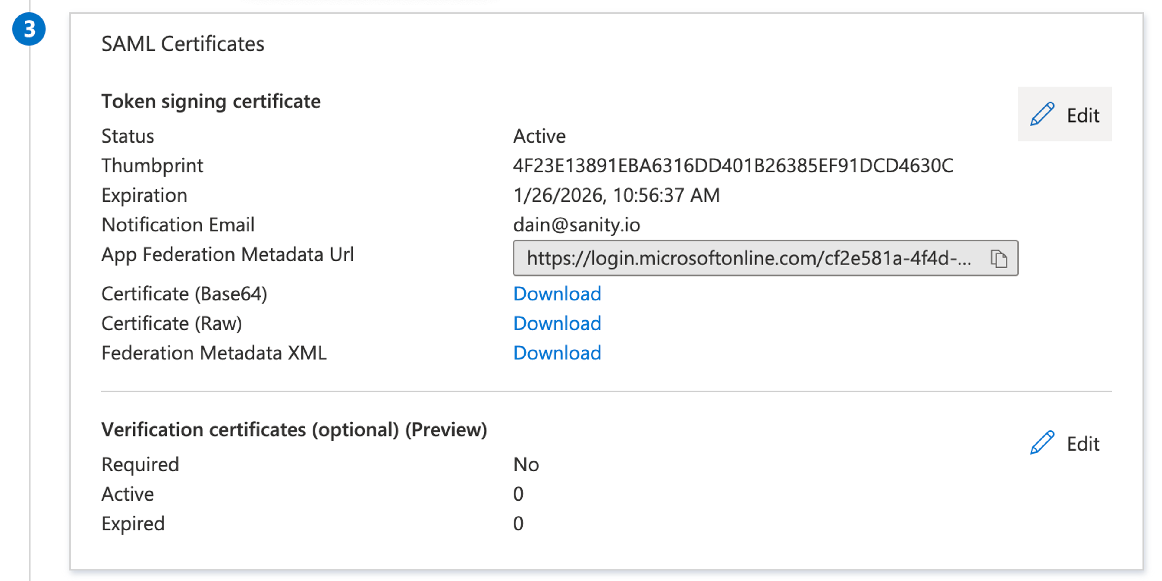 Click Edit in SAML Certificates.