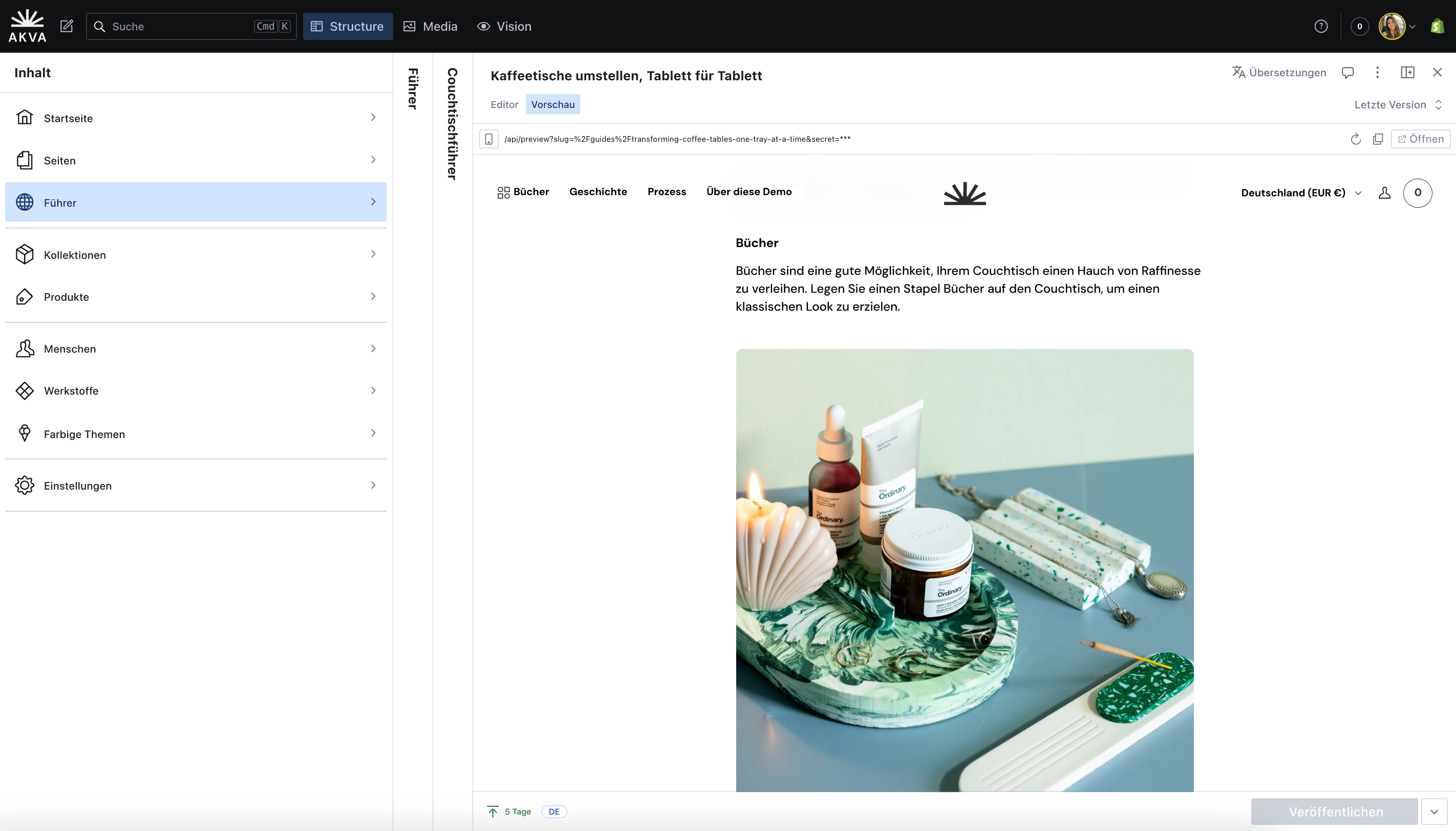 A Sanity Studio that's been translated to German using the German language plugin.