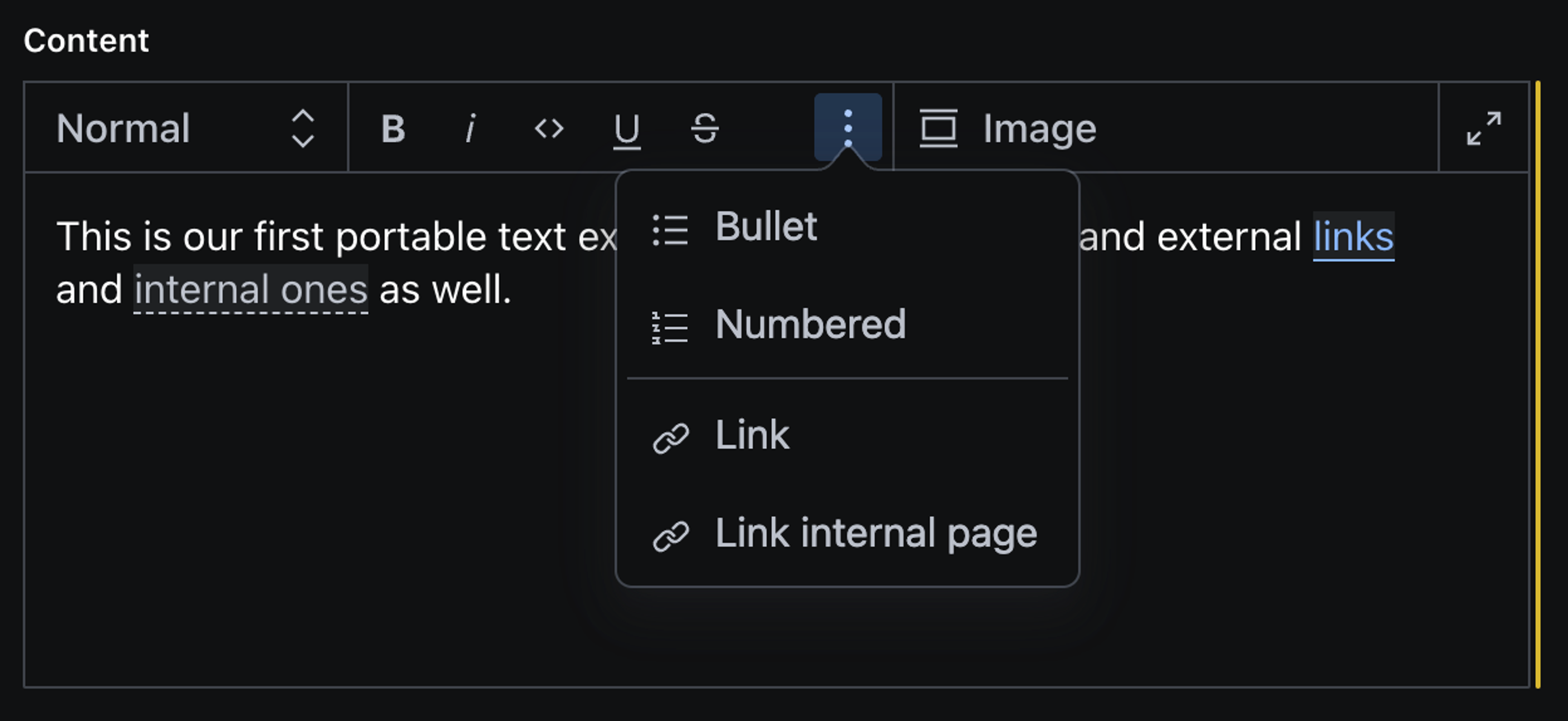 Screenshot of portable text edior, with example text: The blue (underlined) text is an external link, the grey (dotted underlined) text is a reference to another page doc and we can see that the 2 link annotations as well as the block images appear in the toolbar.