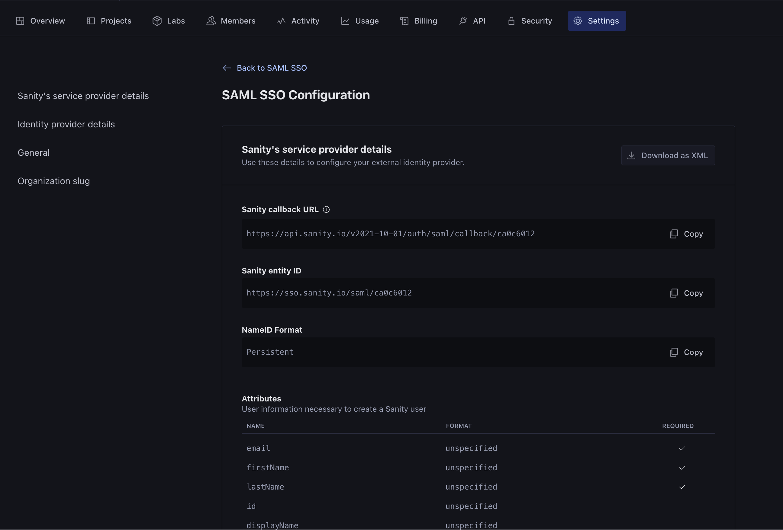 SAML SSO configuration page showing Sanity's service provider details including callback URL, entity ID, NameID format, and required user attributes.