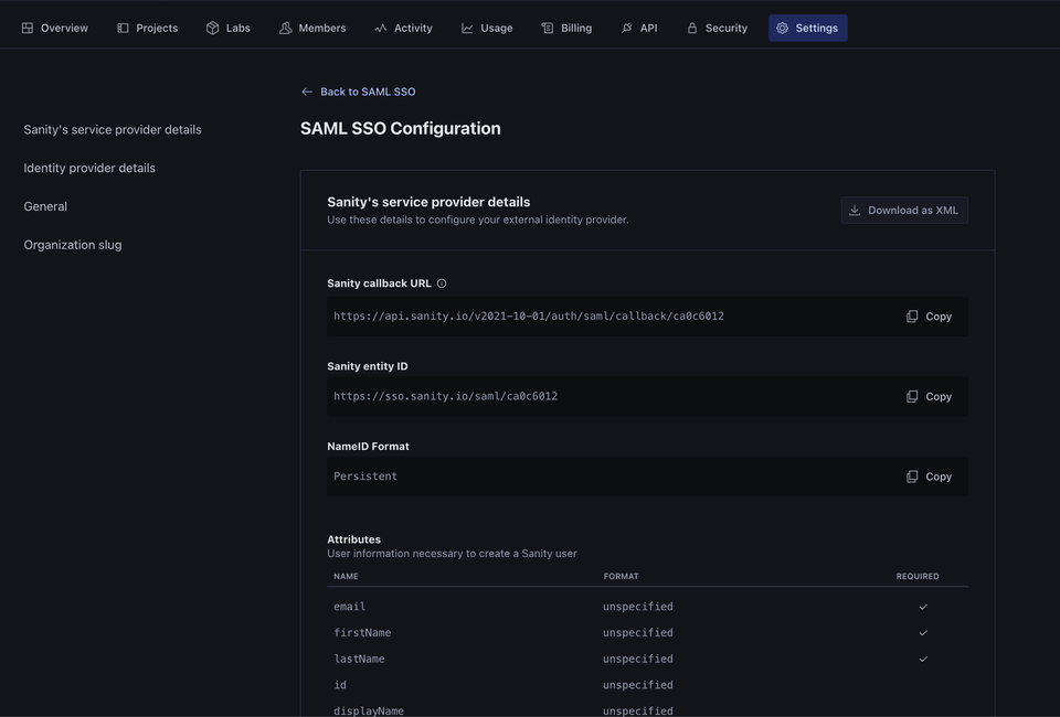 SAML SSO configuration page showing Sanity's service provider details including callback URL, entity ID, NameID format, and required user attributes.