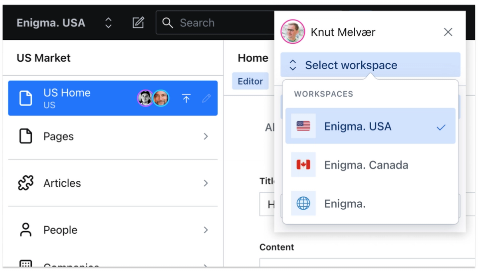 Studio UI displaying the Workspaces switcher with 3 options for USA, Canada, and Global