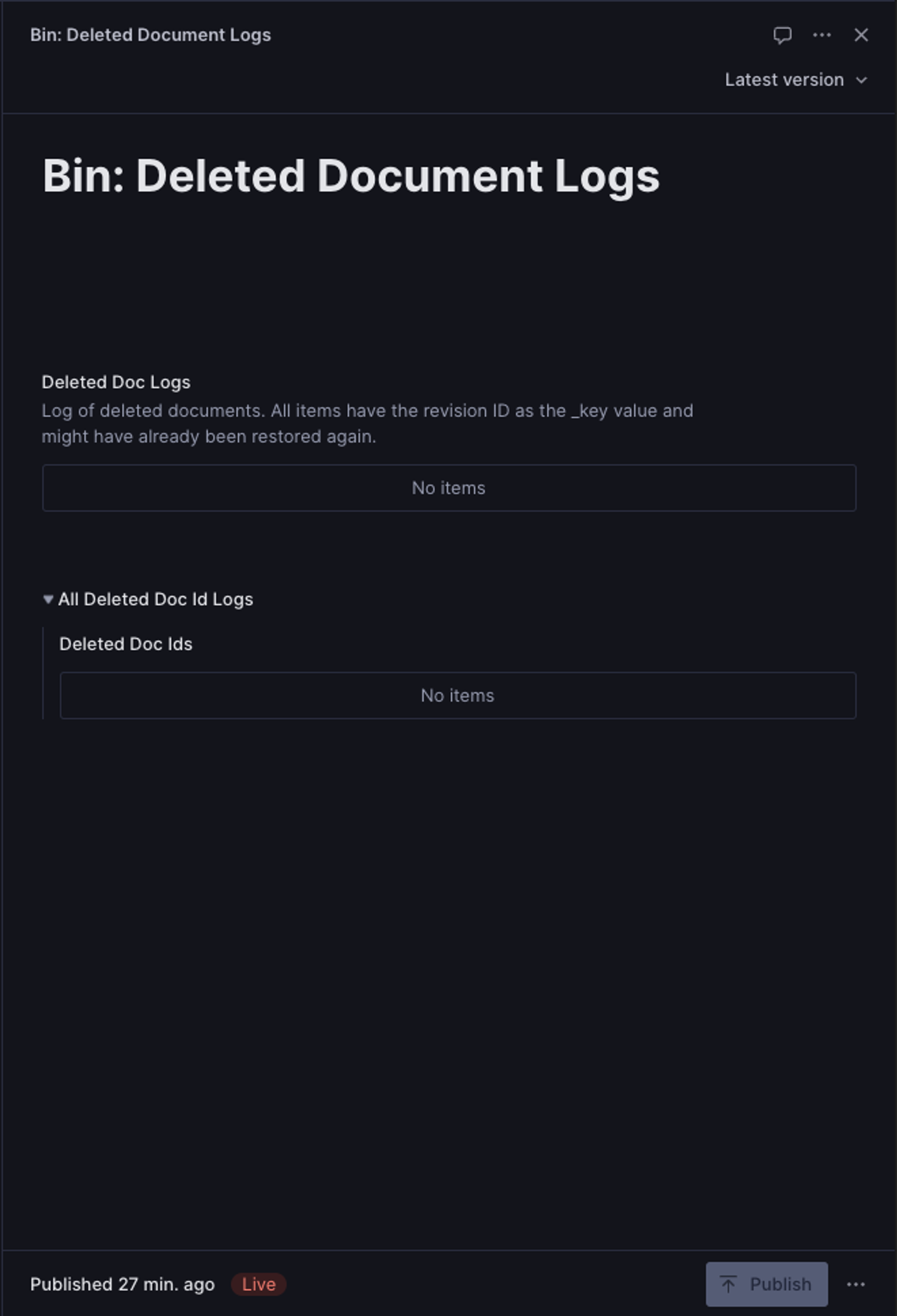Screenshot of the bin document and their arrays without the default add item button.