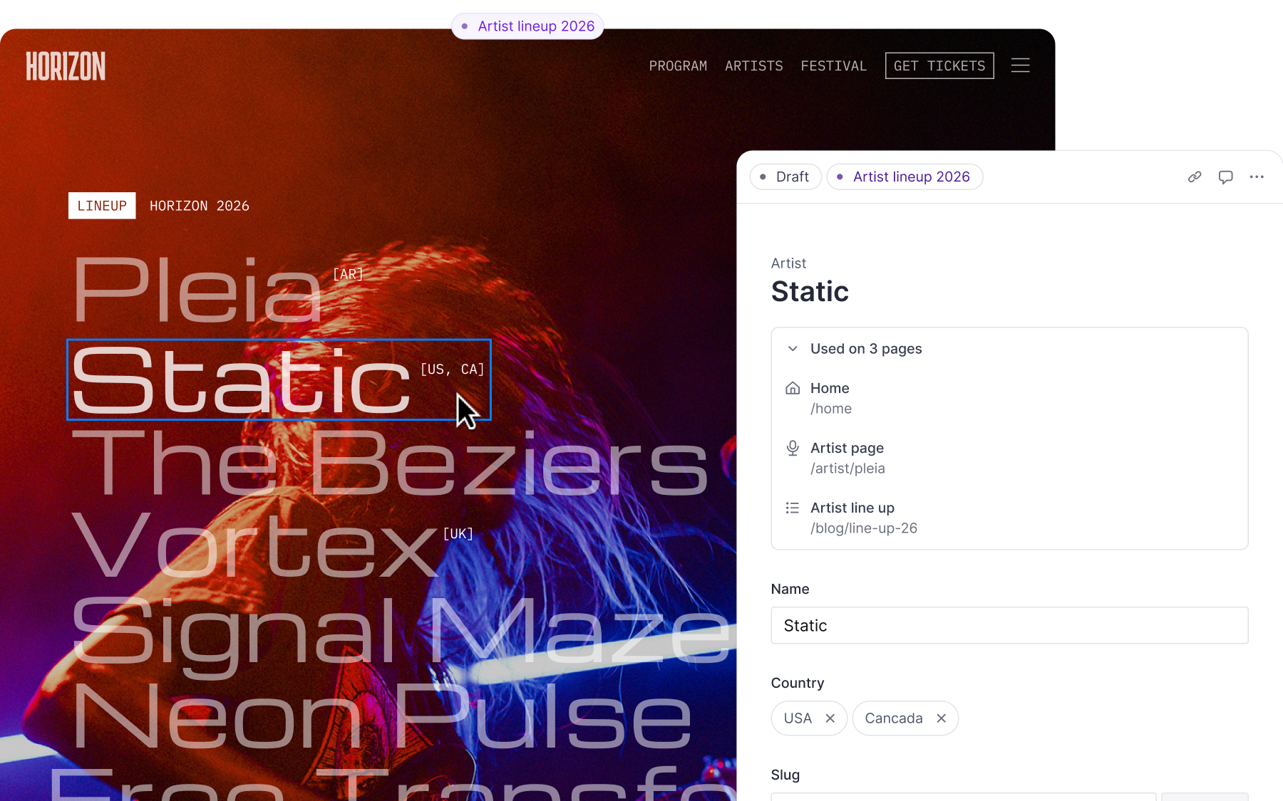 A webpage displaying a music festival lineup with "Static" highlighted, alongside an open editor panel showing its details for editing.