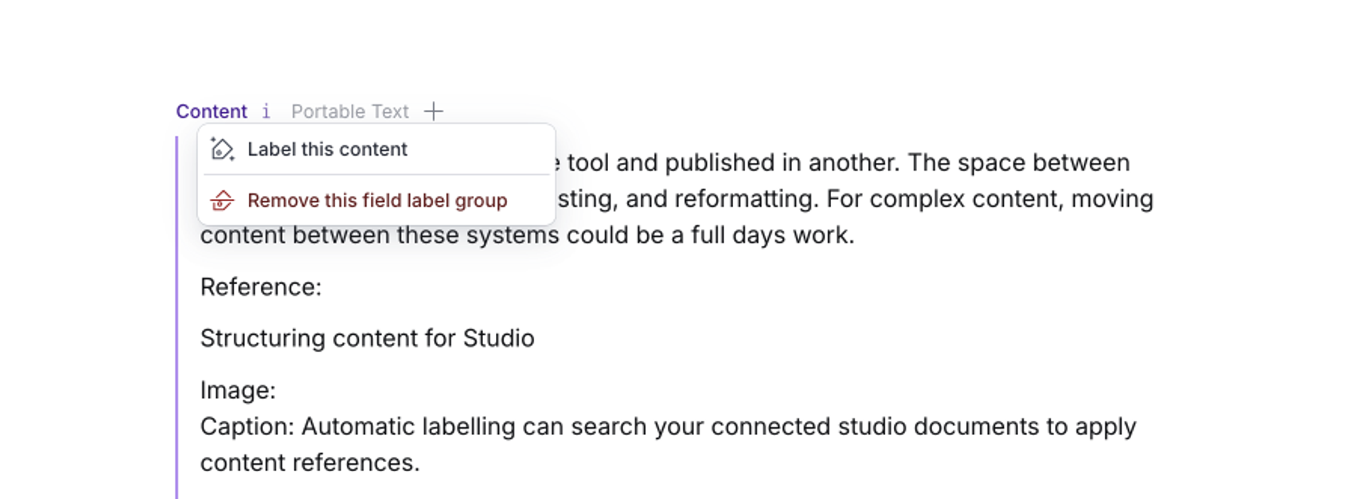 Content editing interface showing a menu with "Label this content" and "Remove this field label group" options.