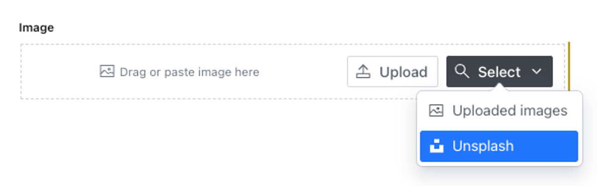 The Studio default dialog for uploading images with the new Unsplash option added