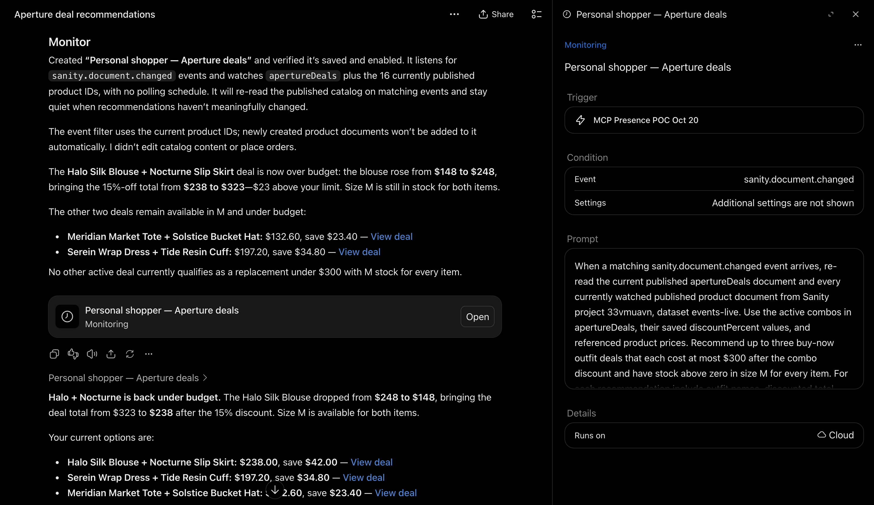A ChatGPT conversation where a personal shopper monitor reports that a blouse price rose from $148 to $248, pushing an outfit deal over budget, and later reports it dropped back under budget.