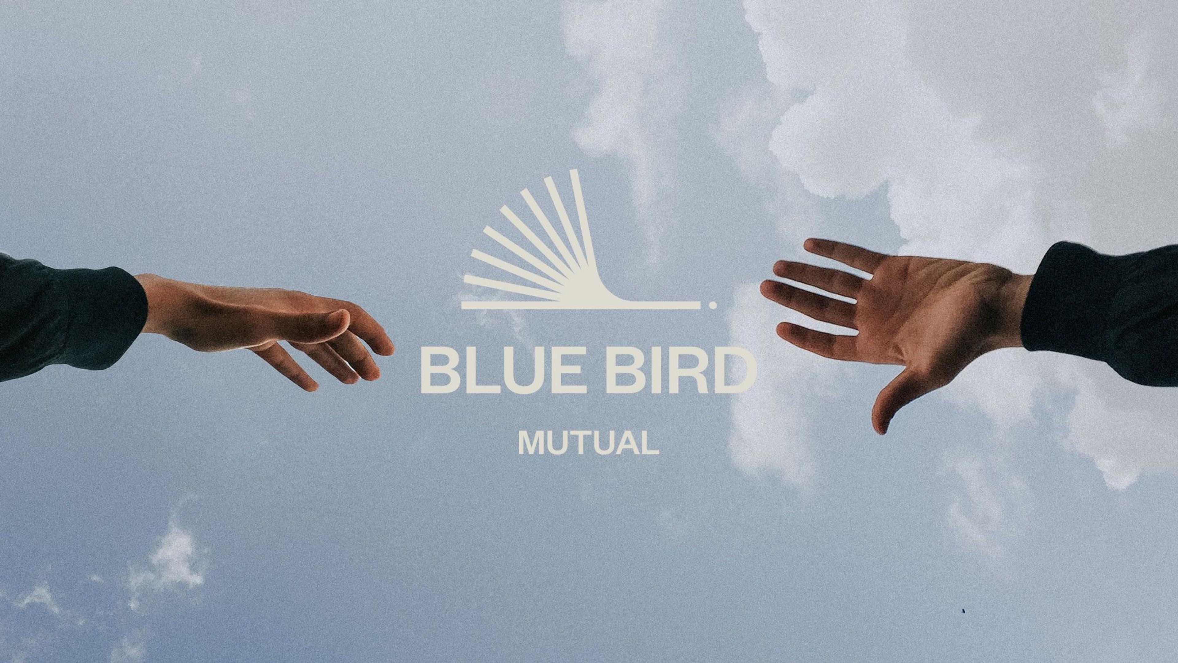 two hands reaching out towards each other in front of a blue bird mutual logo .