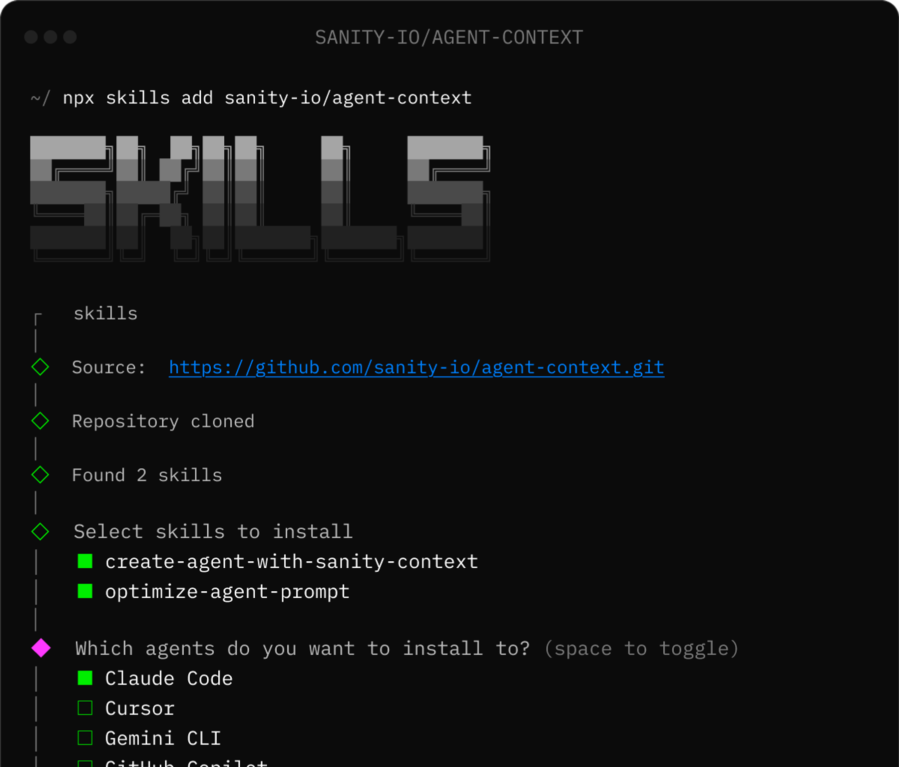 code interface: npx add skills