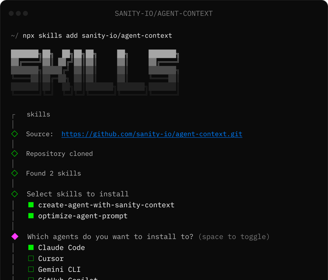 code interface: npx add skills