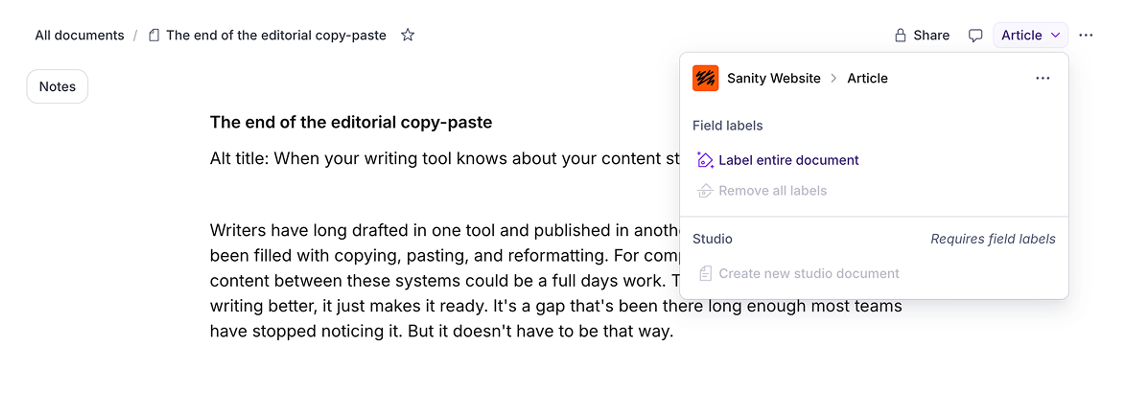 Screenshot of an article page in Canvas with content type dropdown menu open on the right, showing connected studio and content type, labeling and document creation options.