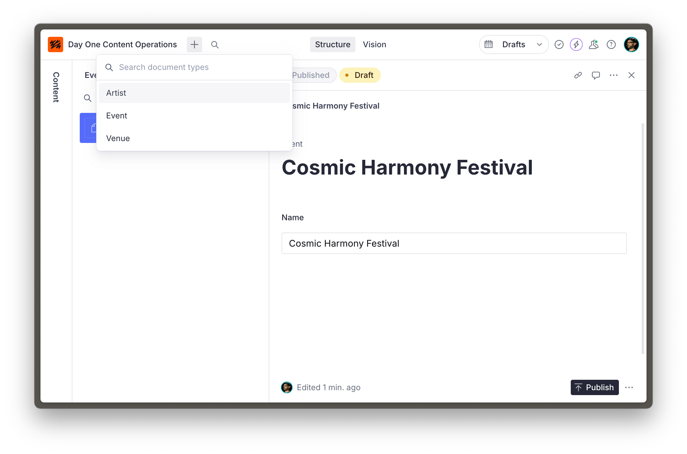 Sanity Studio with "create" menu open showing Artist, Event and Venue document types