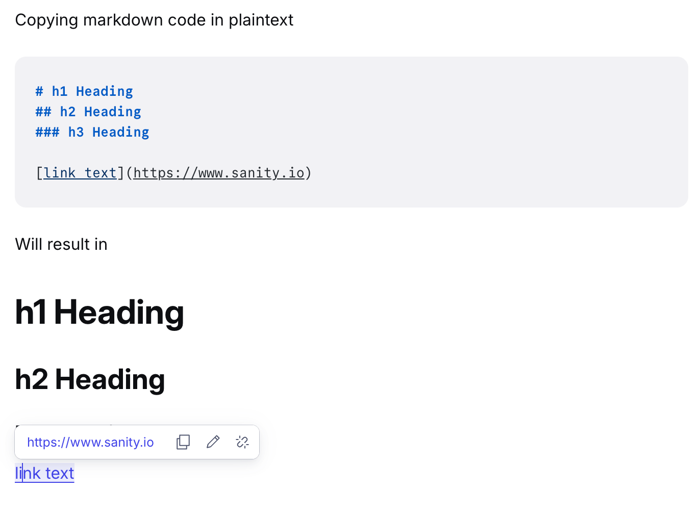 A screenshot demonstrating markdown plain text for headings and a link, and its rendered output.