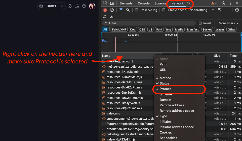 Screenshot with instructions to right click on the network request header bar and make sure protocol is selected