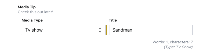 Same media field section as above, now with underneath the title field “Words: 1, characters: 7” added