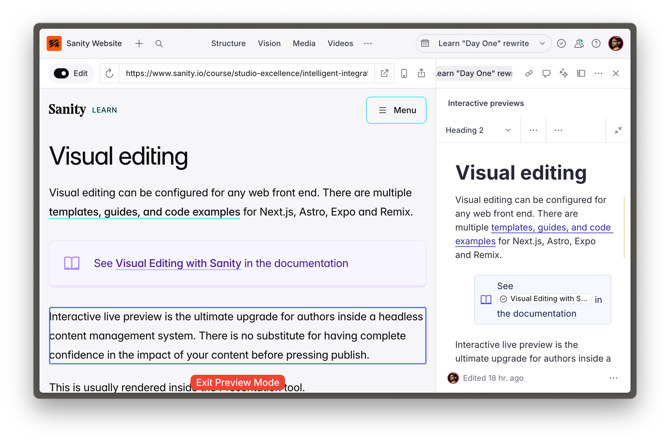 Presentation tool showing a website front end with an editable field