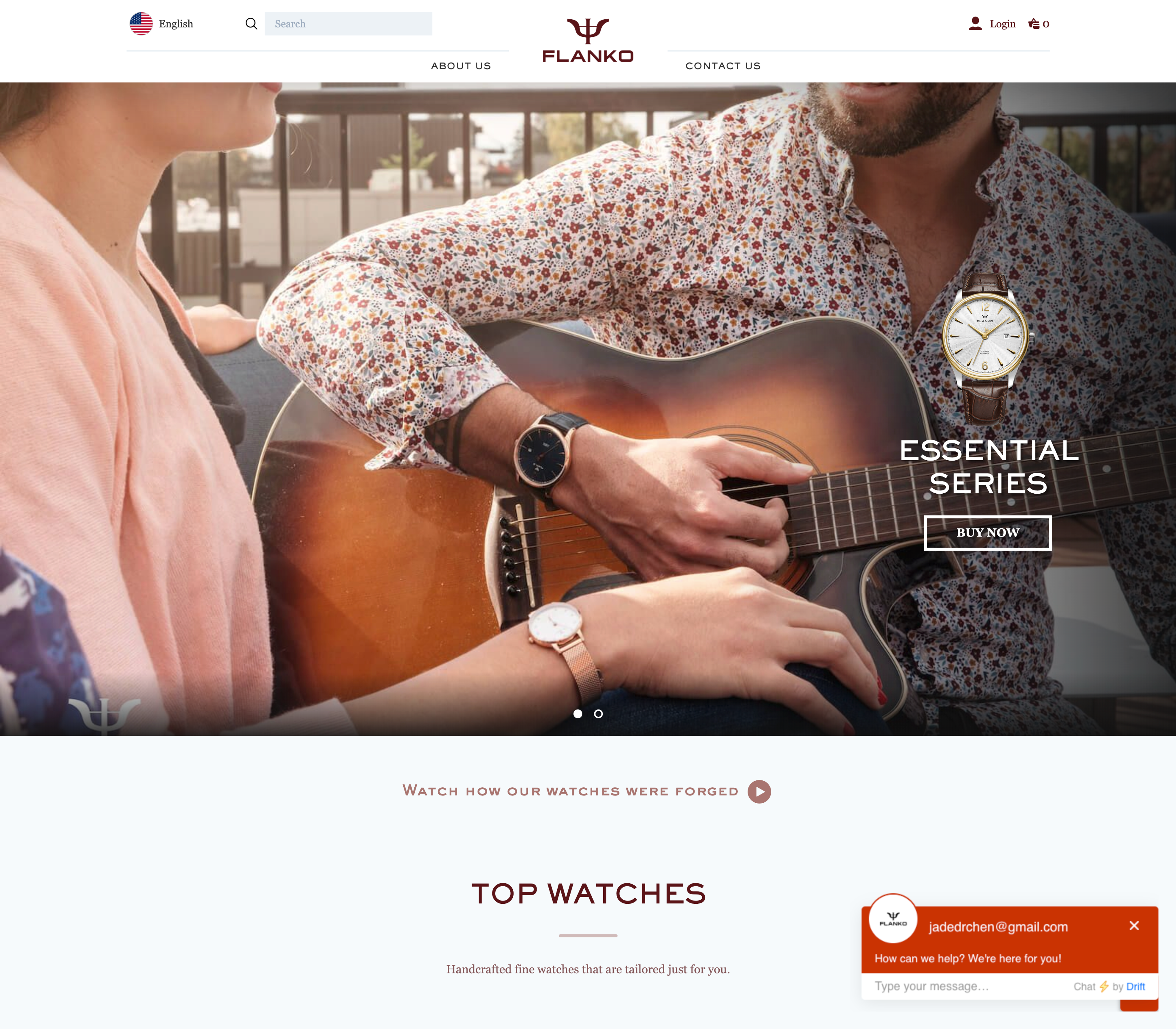 The Flanko Watches frontpage showing a person playing a guitar with a fancy wristwatch