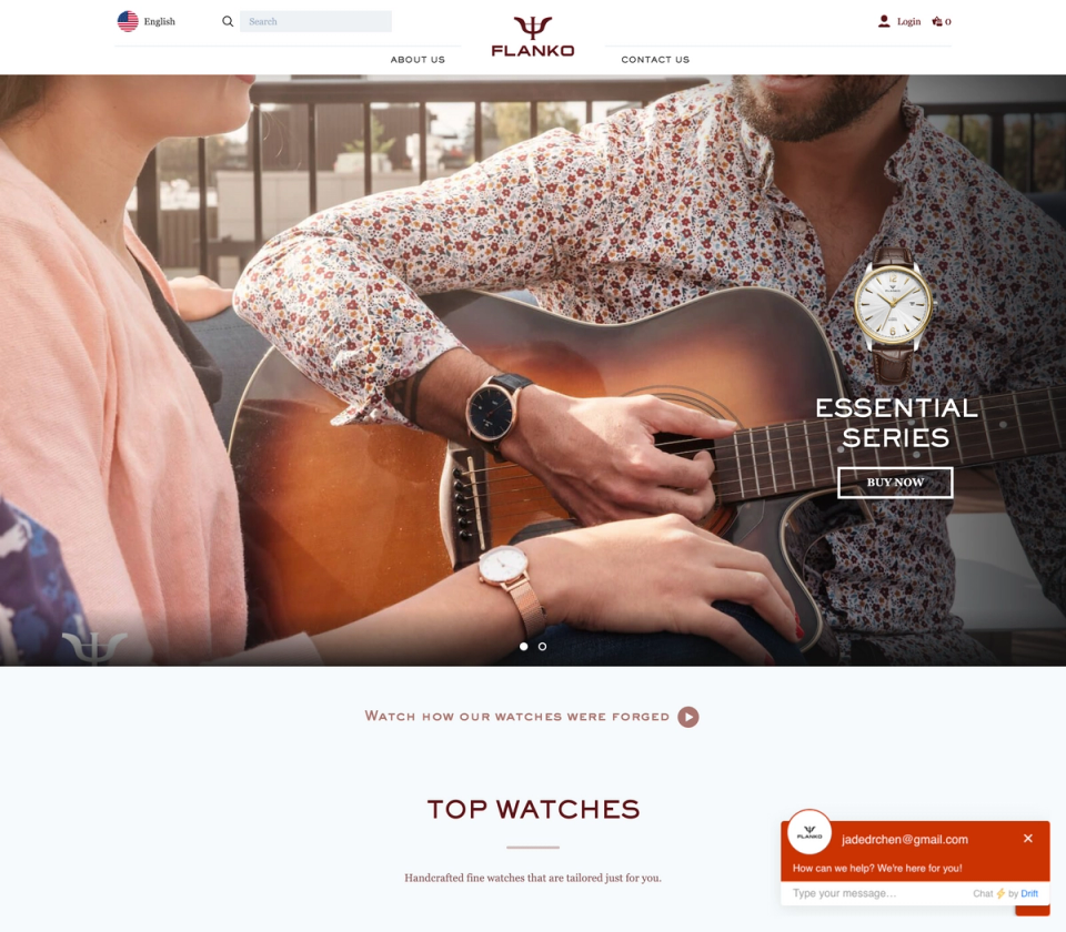 The Flanko Watches frontpage showing a person playing a guitar with a fancy wristwatch