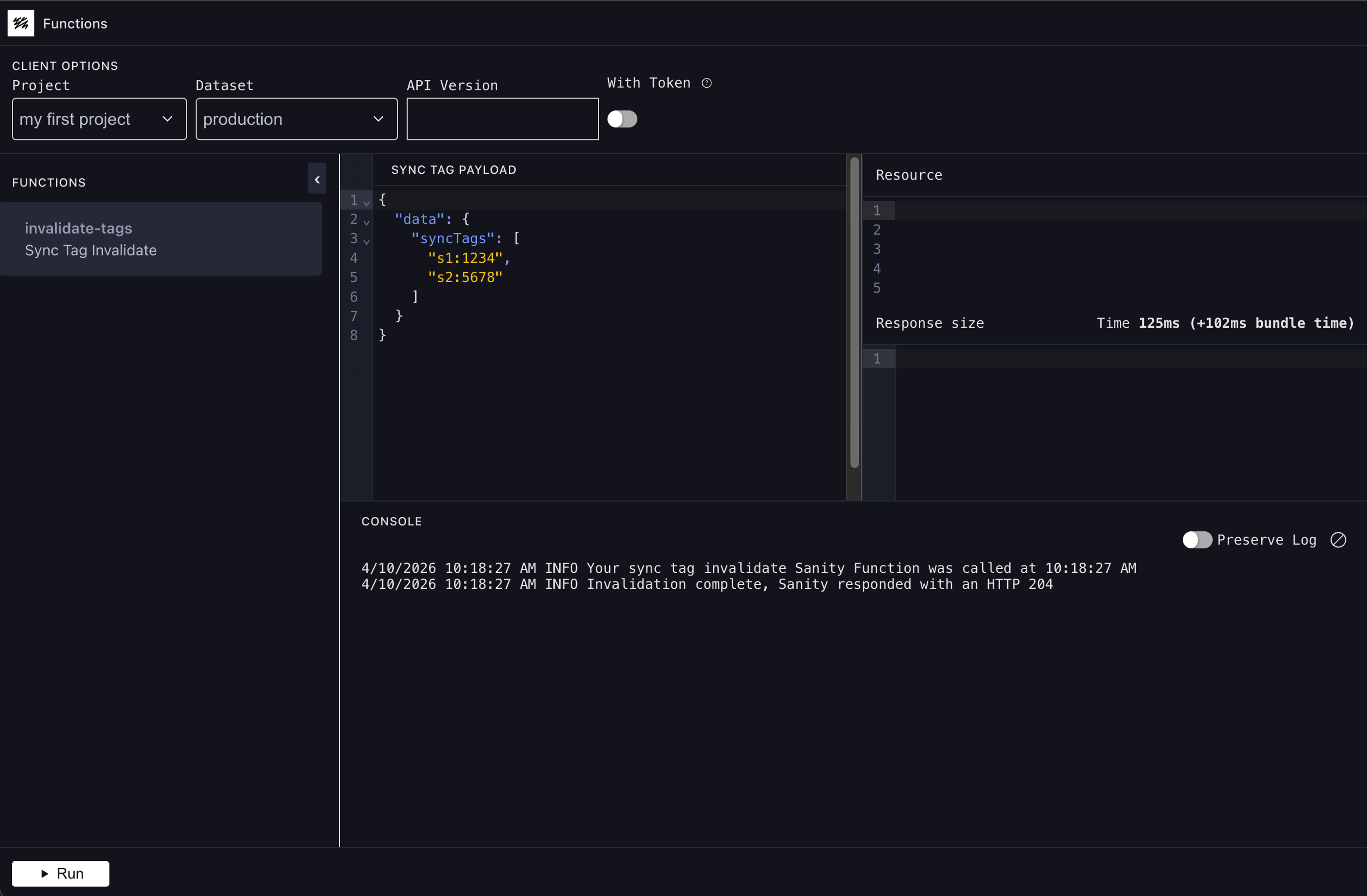 A dark-themed UI for a functions application, showing a JSON payload to invalidate sync tags and a console log of a successful HTTP 204 response.