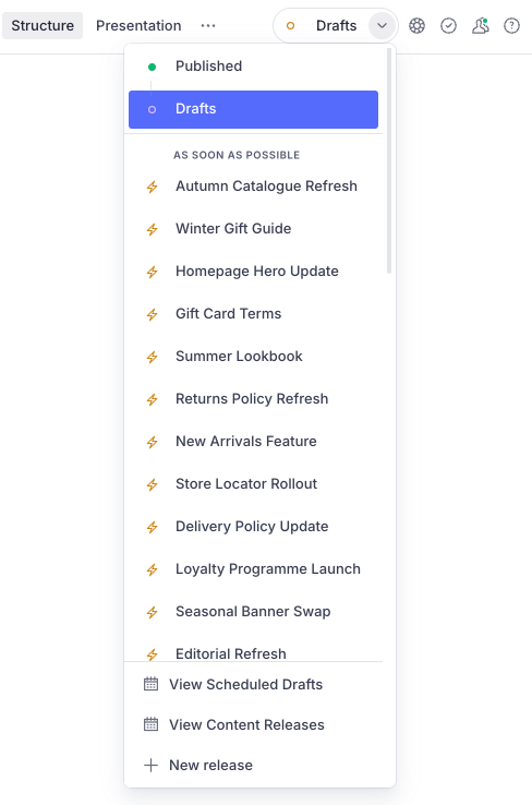 The Studio toolbar with the release dropdown open, showing Published, Drafts and the list of releases