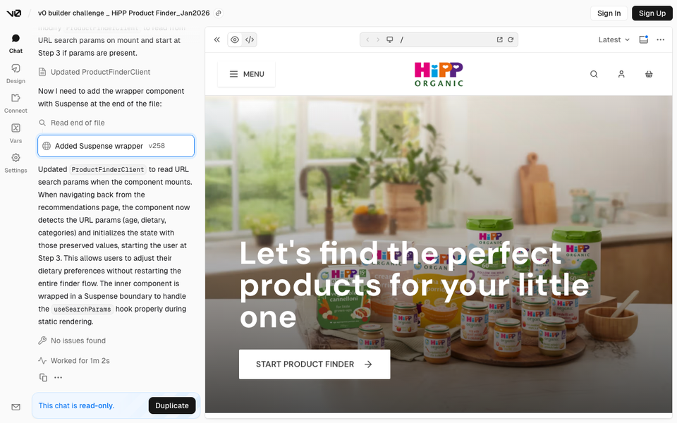 A split screen showing a development interface on the left discussing a "Product Finder" feature, and a HIPP ORGANIC baby food website on the right displaying products and a "Start Product Finder" button.