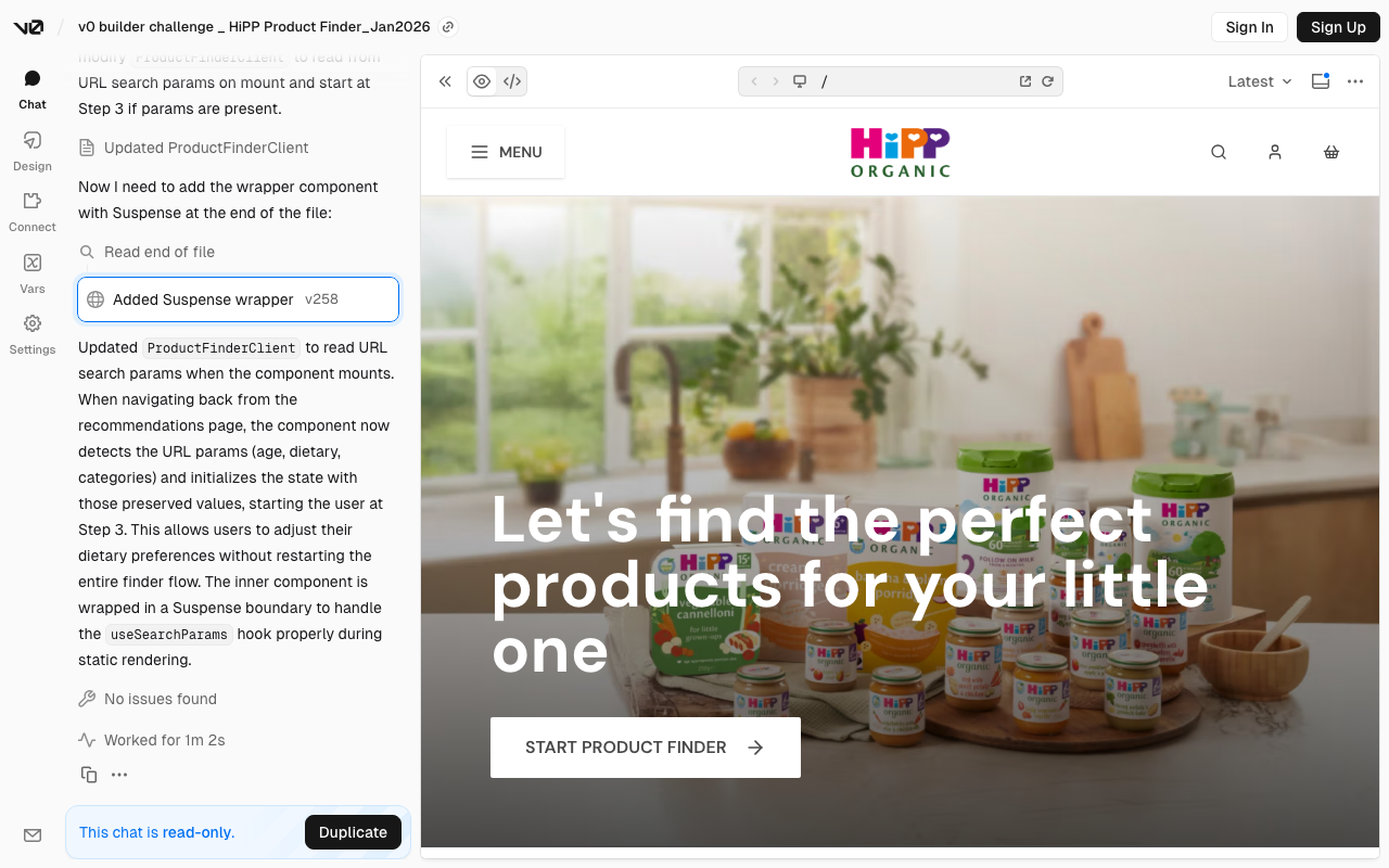 A split screen showing a development interface on the left discussing a "Product Finder" feature, and a HIPP ORGANIC baby food website on the right displaying products and a "Start Product Finder" button.