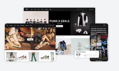 Puma e-commerce website and mobile app interfaces across multiple screens.