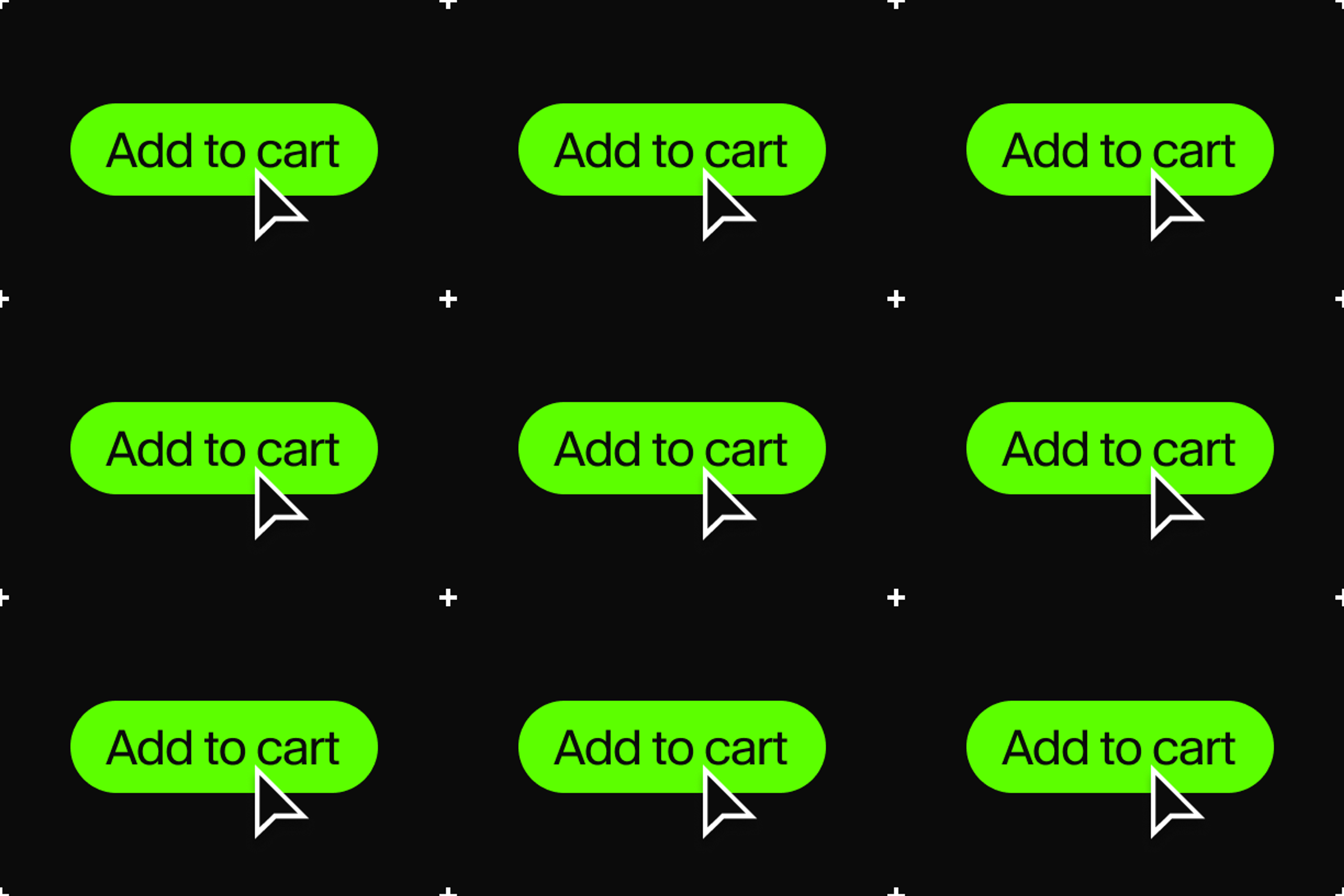 a set of green add to cart buttons with white arrows on a black background .