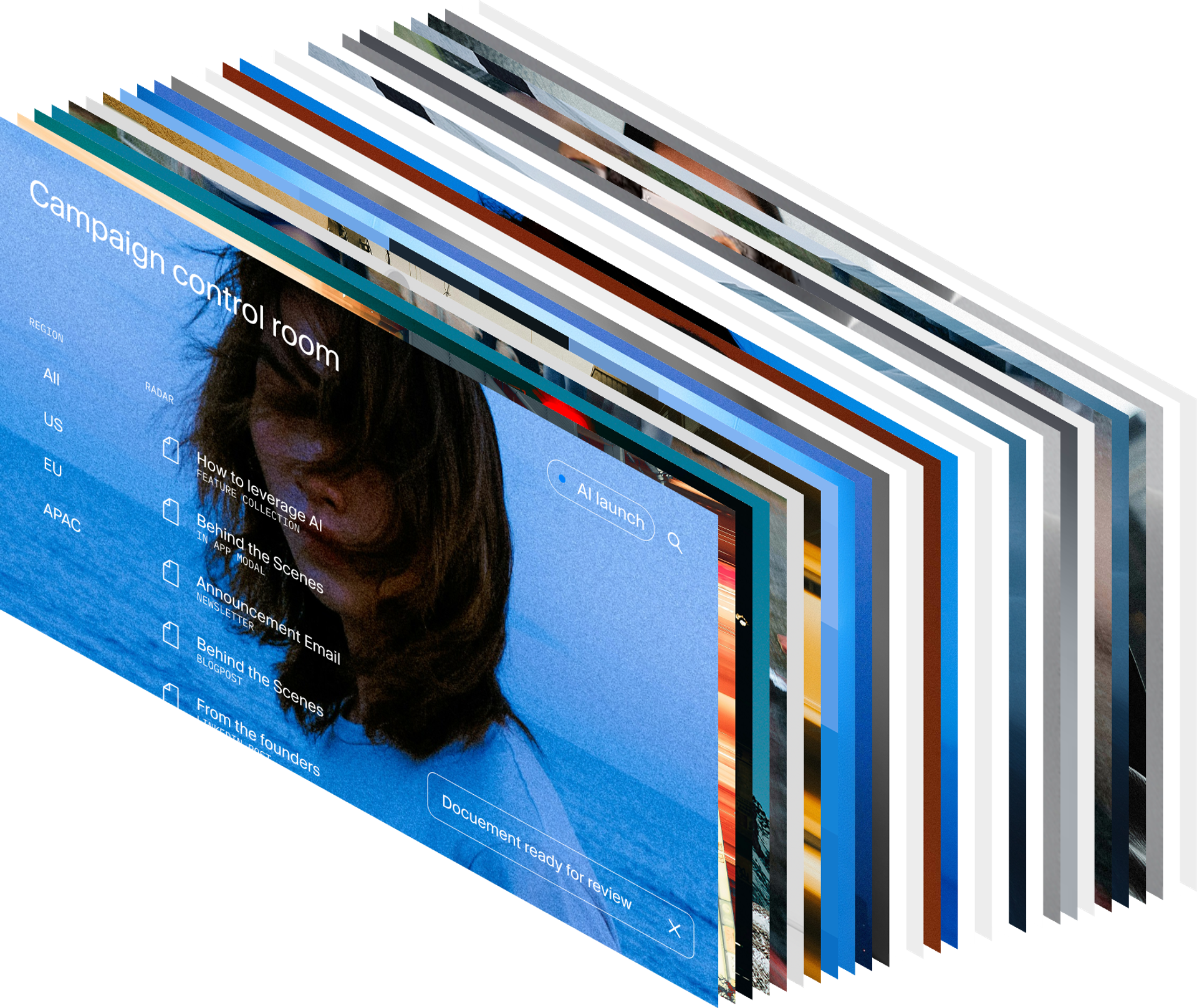 A fanned stack of digital screens, with the front one displaying a "Campaign control room" interface in blue tones.