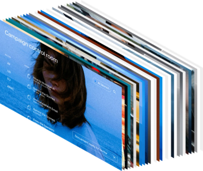 A fanned stack of digital screens, with the front one displaying a "Campaign control room" interface in blue tones.