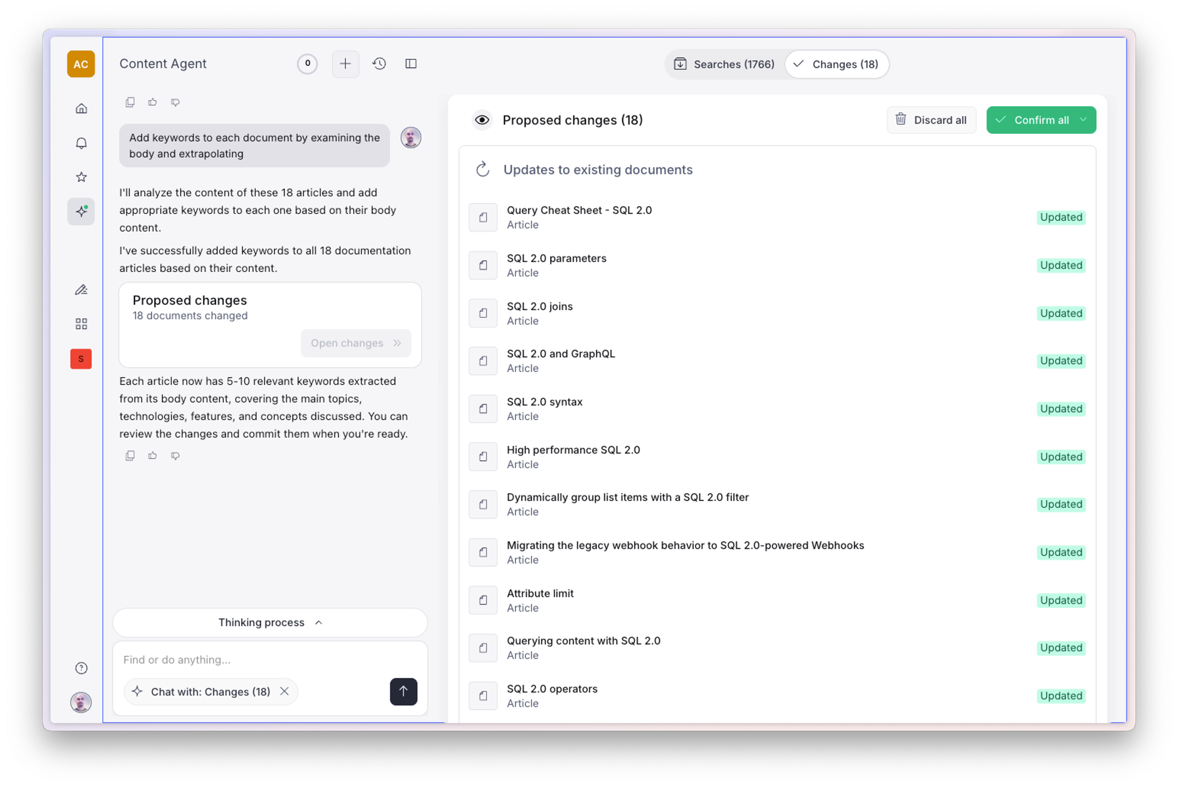 A software interface called "Content Agent" displays proposed keyword additions and updates for 18 SQL 2.0 related articles.