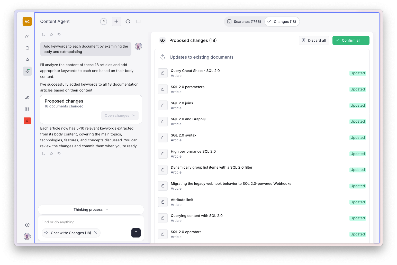 A Content Agent software interface displaying 18 proposed updates to documents, primarily related to SQL 2.0, with options to review and confirm changes.